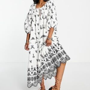 NWT Topshop Broderie eyelet chuck on midi dress with contrast black stitch ivory